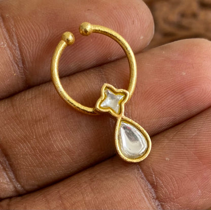 Gold tone kundan jadau white stone nose pin/bulakku dj-53762