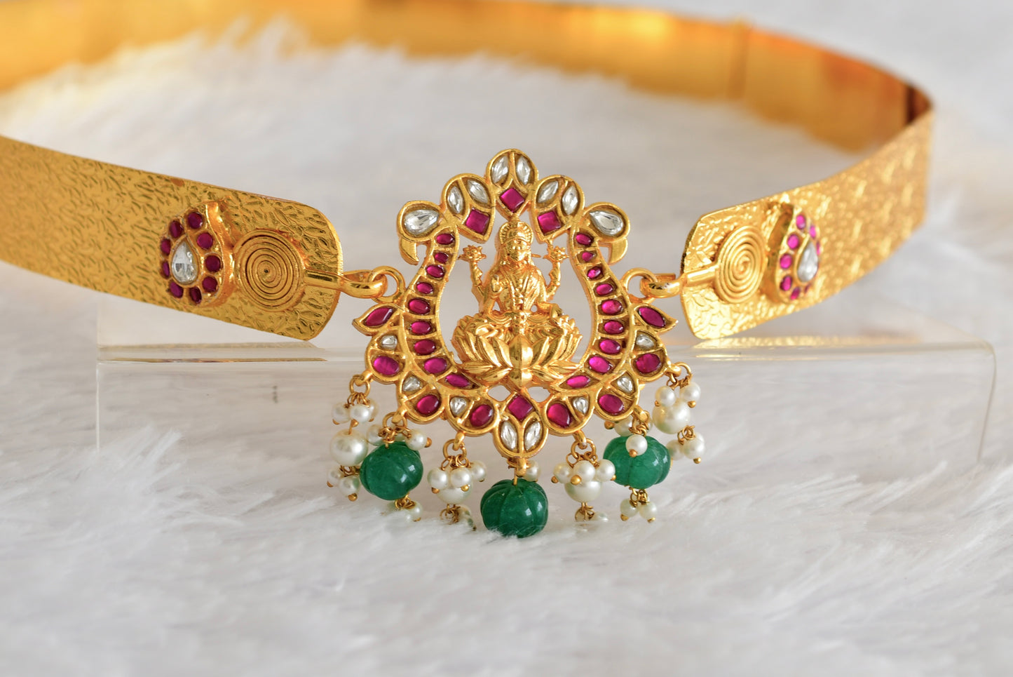 Gold tone pink-green-white kundan jadau Lakshmi mango waist band dj-52175