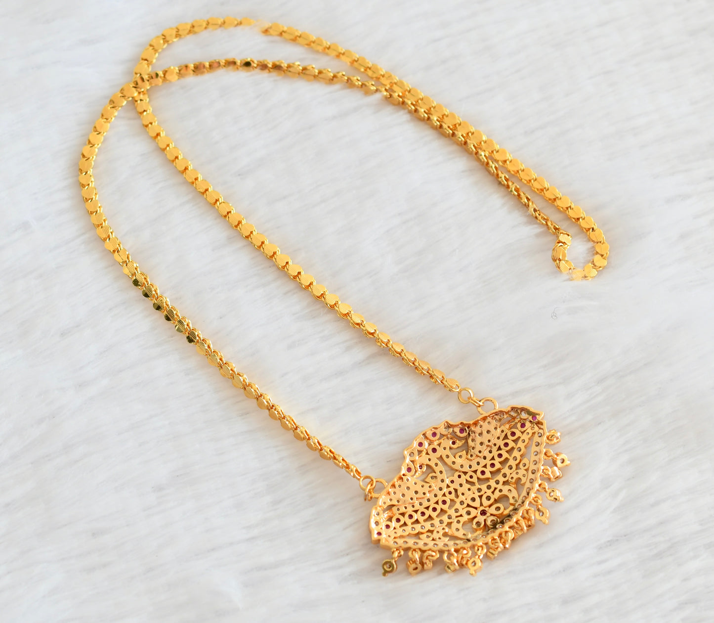 Gold tone AD pink-white peacock pendant with chain dj-53345