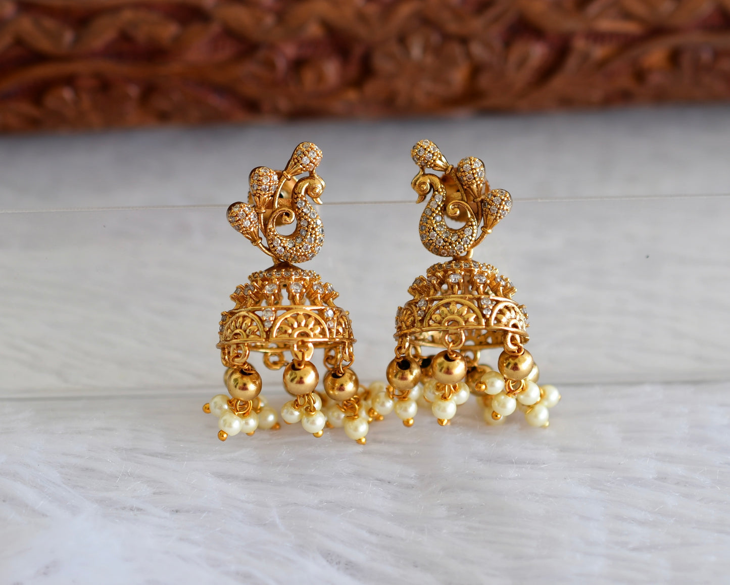 Antique gold tone white peacock jhumkka dj-51932