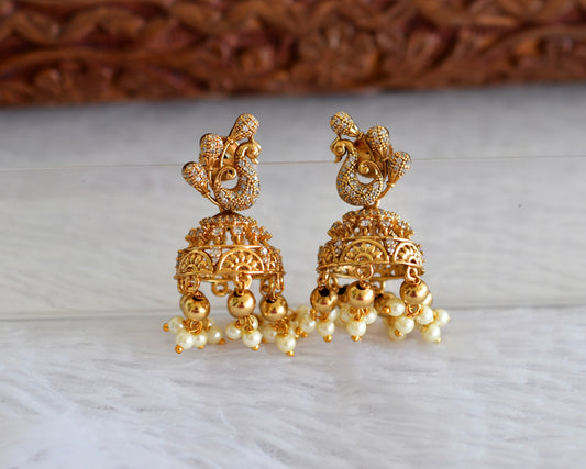Antique gold tone white peacock jhumkka dj-51932