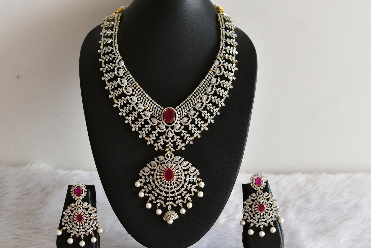Two tone ruby-white bridal big necklace set dj-51980