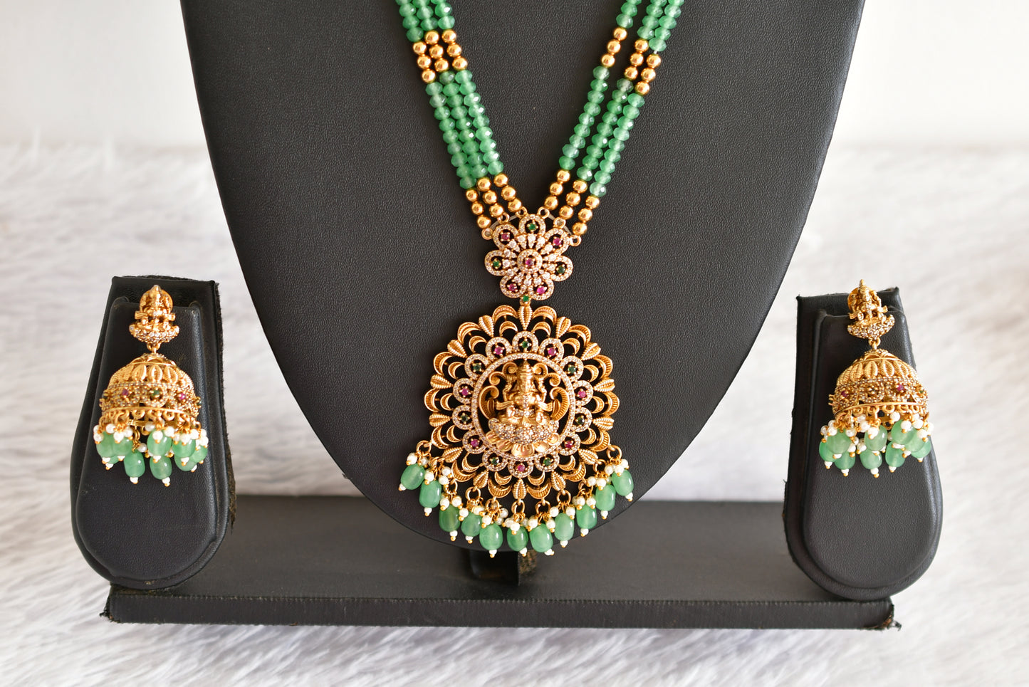 Antique gold tone pink-green beaded Lakshmi haar set dj-52439
