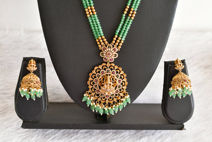 Antique gold tone pink-green beaded Lakshmi haar set dj-52439