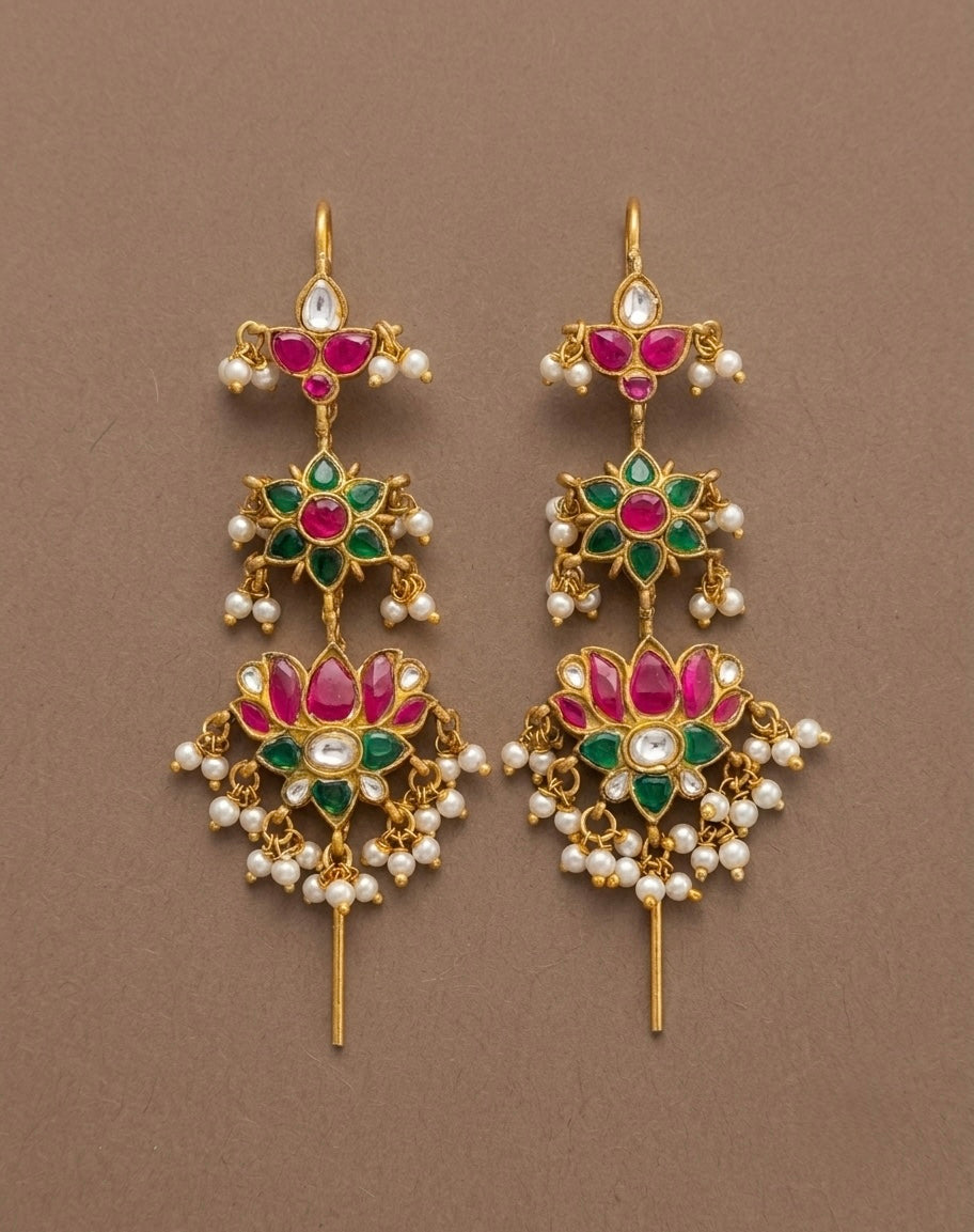 Gold tone pink-green-white kundan jadau lotus bugadi needle earrings dj-54374