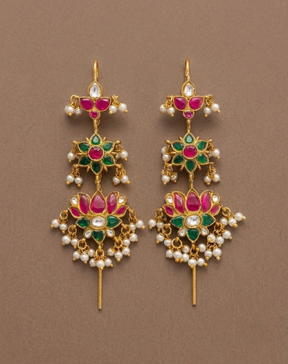 Gold tone pink-green-white kundan jadau lotus bugadi needle earrings dj-54374