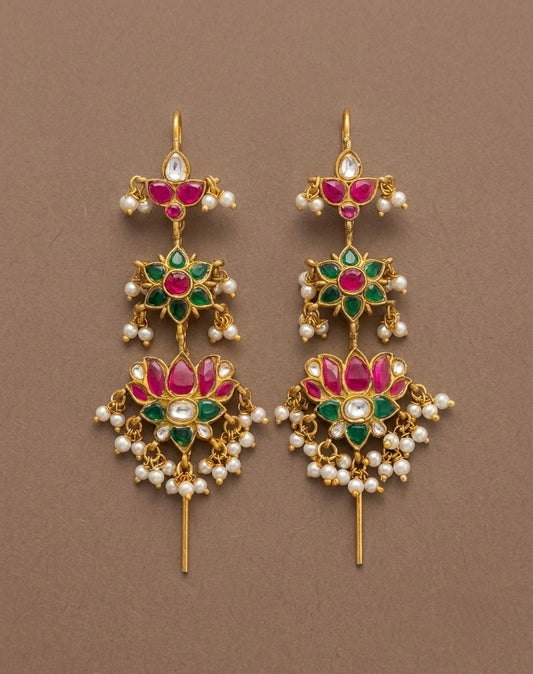Gold tone pink-green-white kundan jadau lotus bugadi needle earrings dj-54374