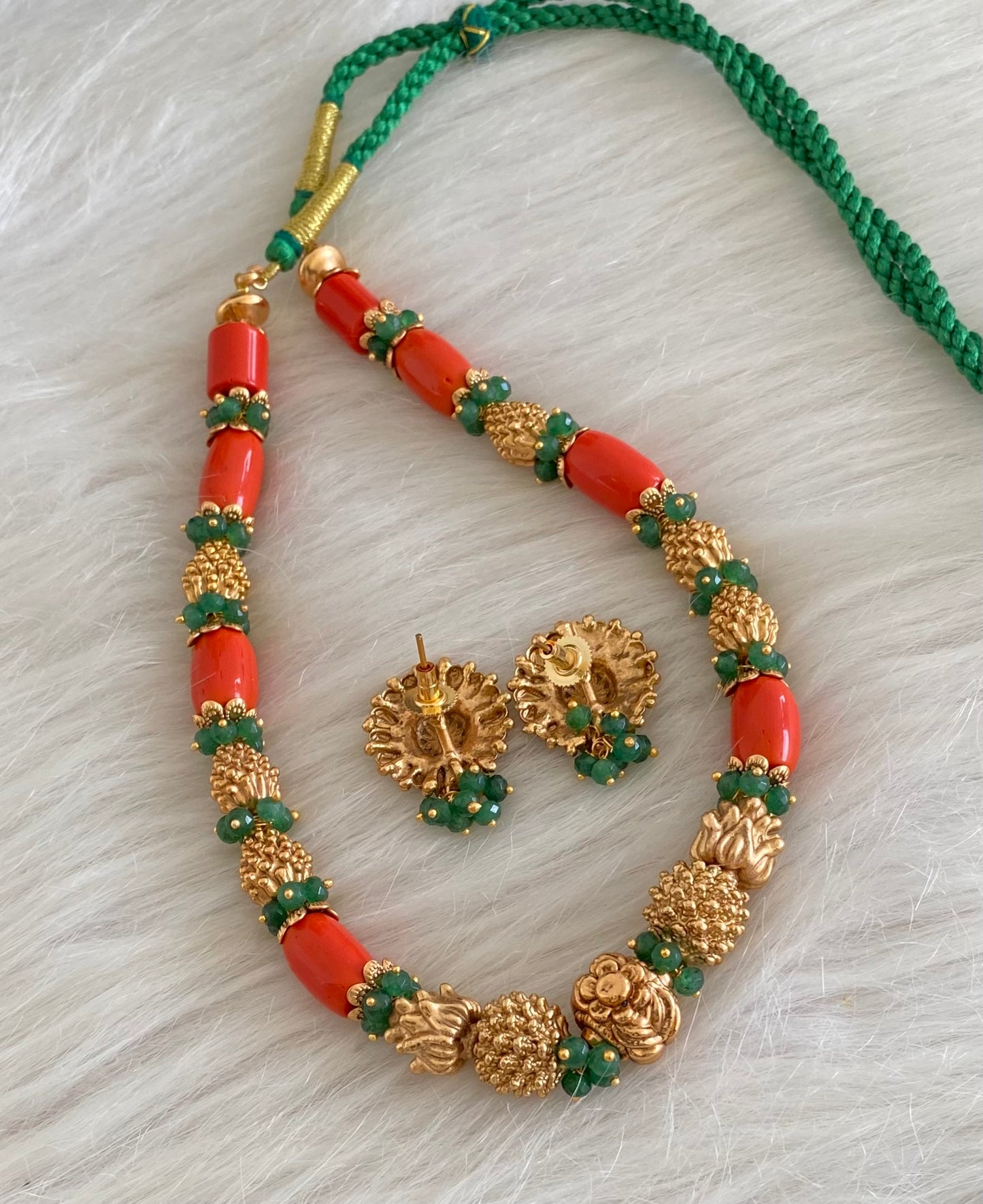 Antique gold tone flower coral-green nakshi beaded necklace set dj-54698