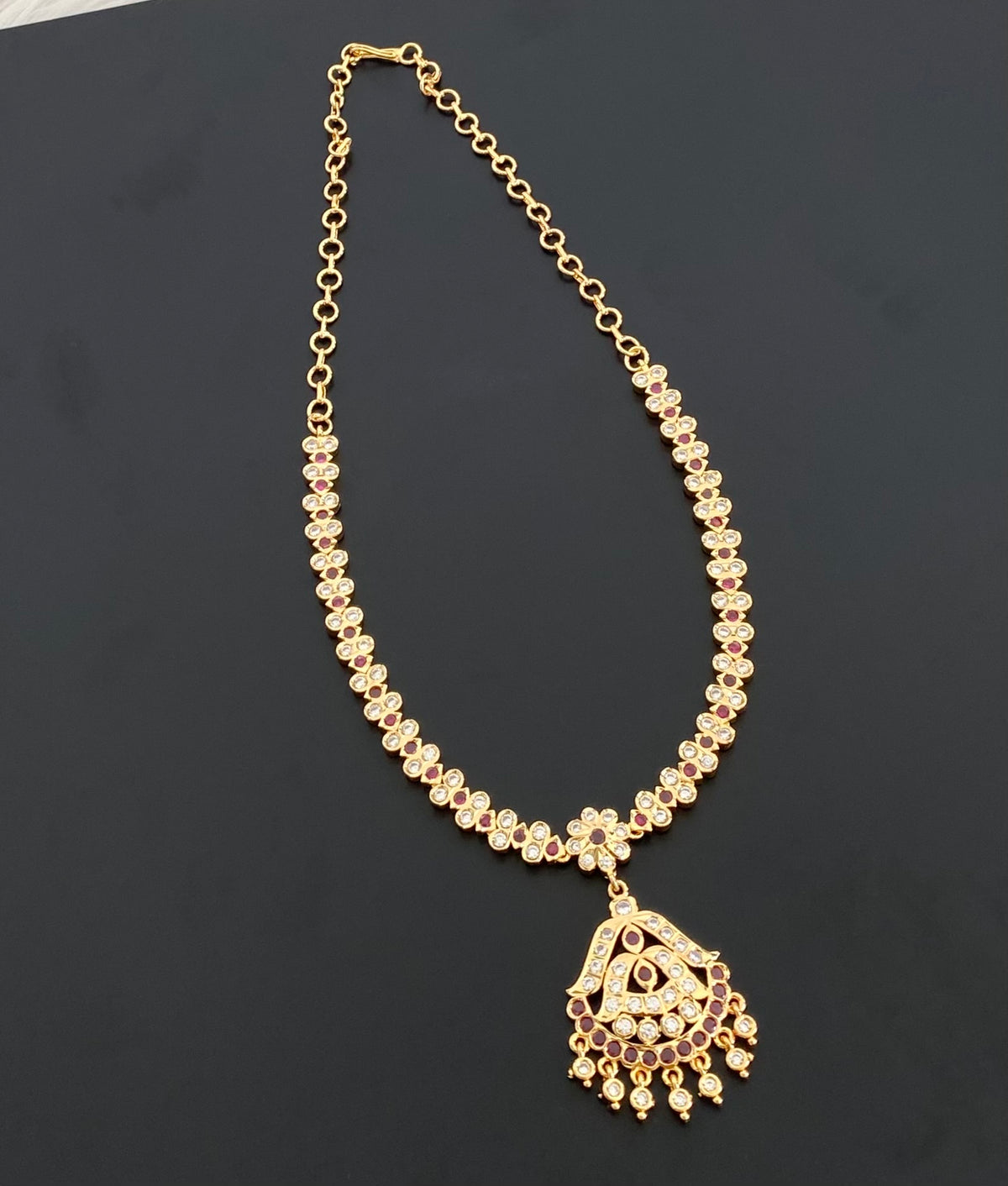Gold tone south indian AD white-pink stone necklace dj-54921
