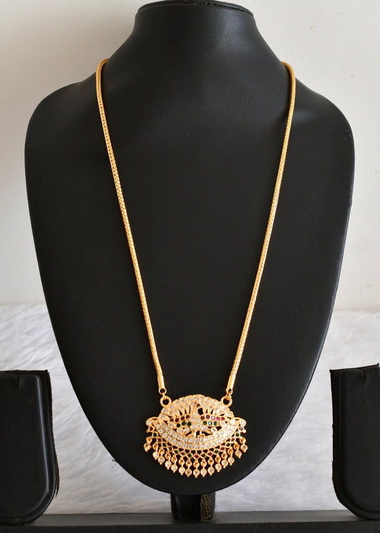 Gold tone AD pink-white-green peacock pendant with chain dj-53325