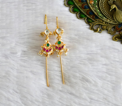 Gold tone pink-green kundan jadau moon bugadi needle earrings dj-52450