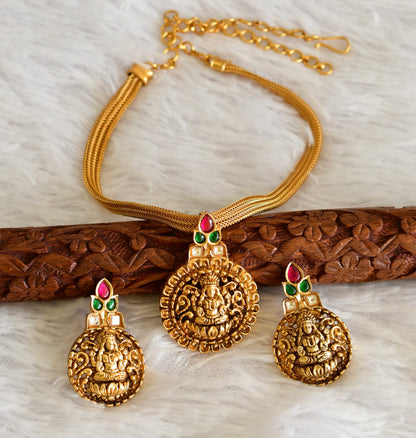 Matte finish pink-green jadau Lakshmi pendant necklace set dj-51822