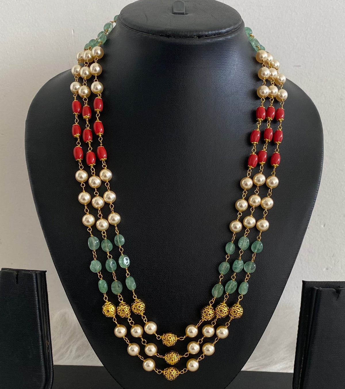 Antique gold tone multilayer coral-pearl beaded necklace dj-54979