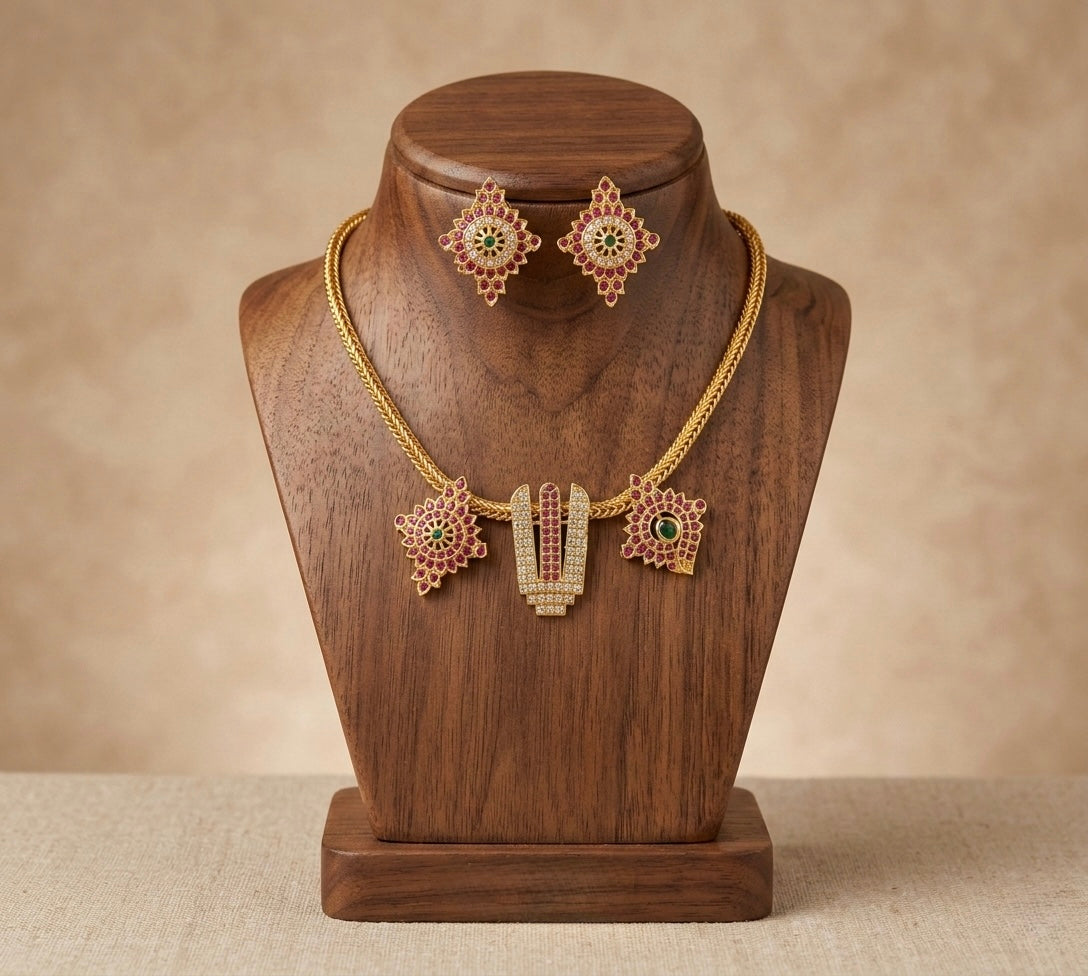 Matte finish ruby-green-white stone shanku-chakra-nama necklace set dj-52903