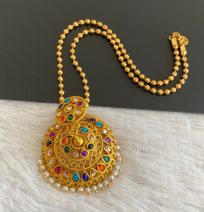 Antique gold tone navarathna jhumkka pendant with ball chain dj-52943
