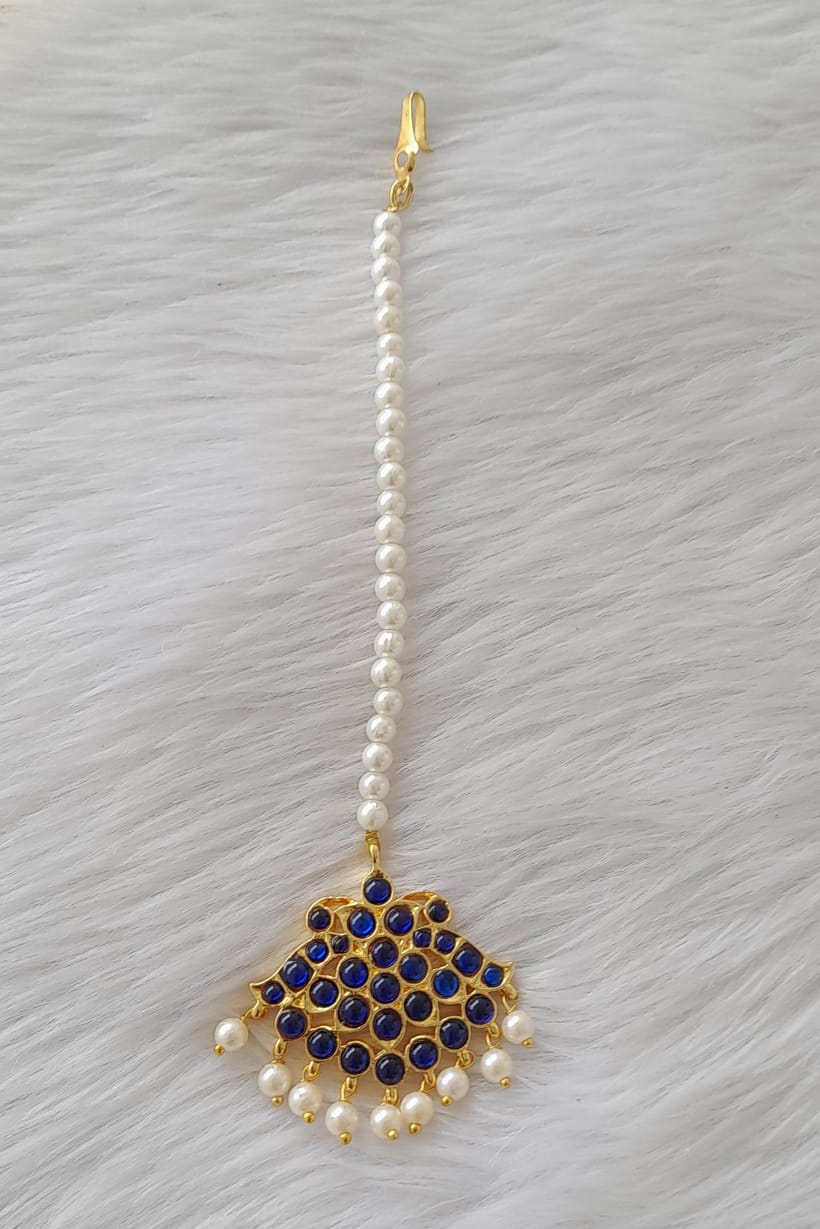 Gold tone blue-pearl temple tikka dj-43707