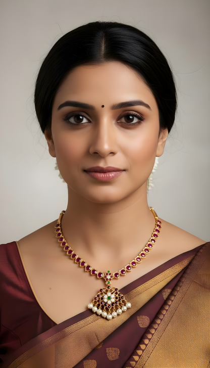 Gold tone precious kemp-green pearl attigai/necklace dj-52252