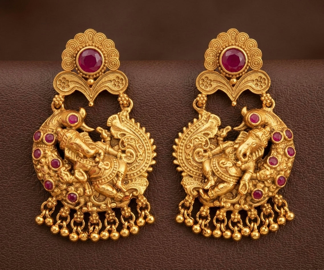 Antique gold tone ruby ganesha earrings-dj07969