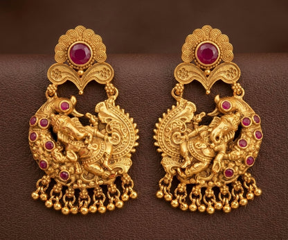 Antique gold tone ruby ganesha earrings-dj07969