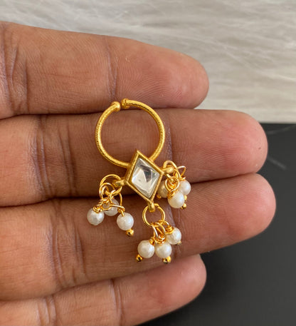 Gold tone white stone pearl nose pin/bulakku dj-53824