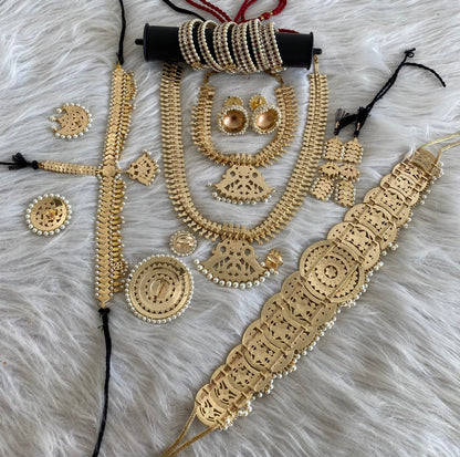 Gold tone precious kemp-green-white pearl peacock bridal set dj-53965