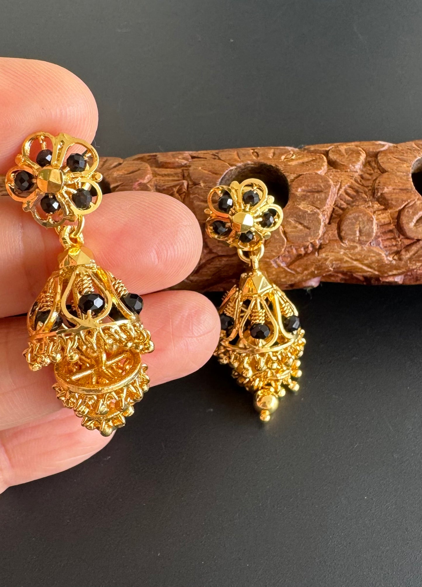 Gold tone black beaded step jhumkka dj-51282