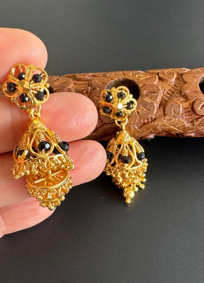 Gold tone black beaded step jhumkka dj-51282