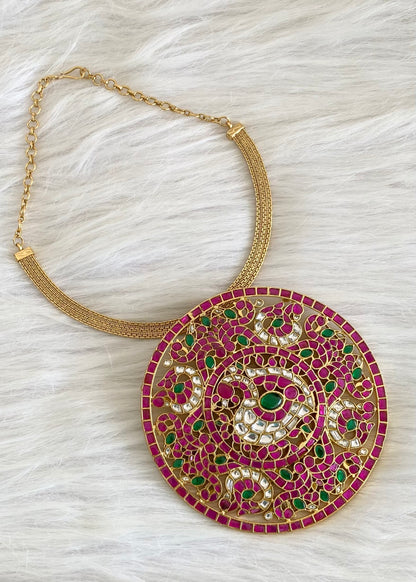 Matte finish pink-green-white kundan jadau huge round peacock necklace dj-52357