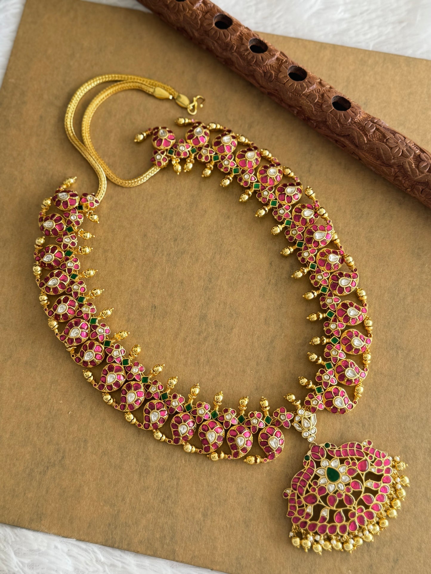 Gold tone pink-green-white Kundan jadau Mango peacock Haar Dj-51557