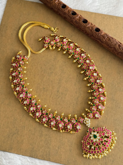 Gold tone pink-green-white Kundan jadau Mango peacock Haar Dj-51557