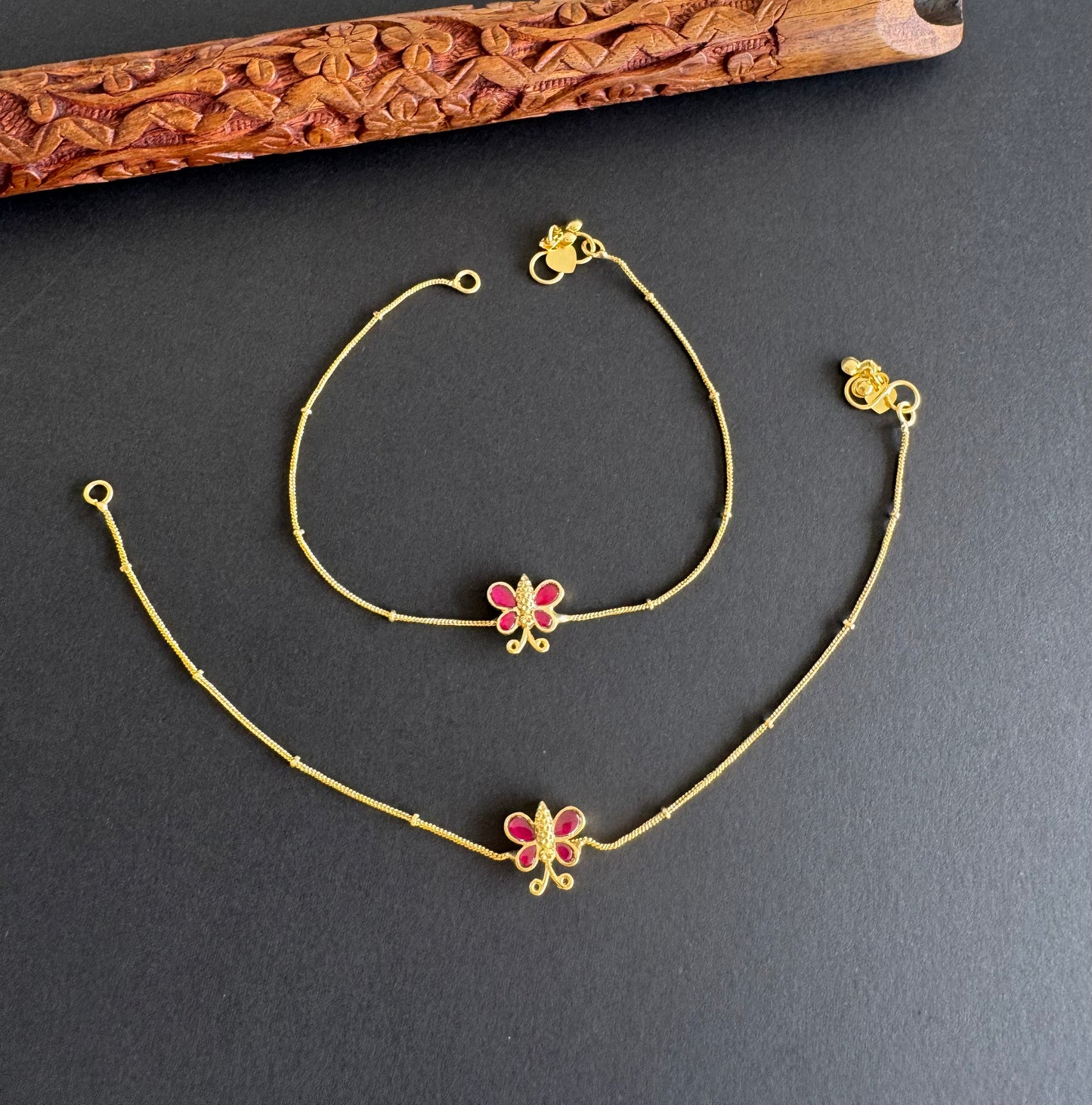 Gold tone pink butterfly kundan jadau anklets dj-51408