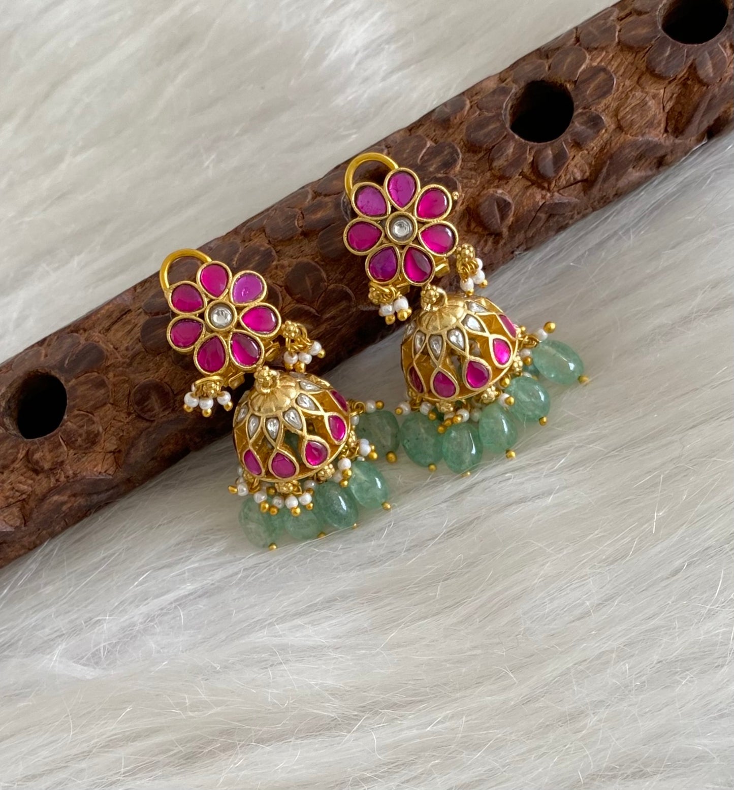 Gold tone kemp-white stone kundan jadau green beaded jhumkka dj-54613