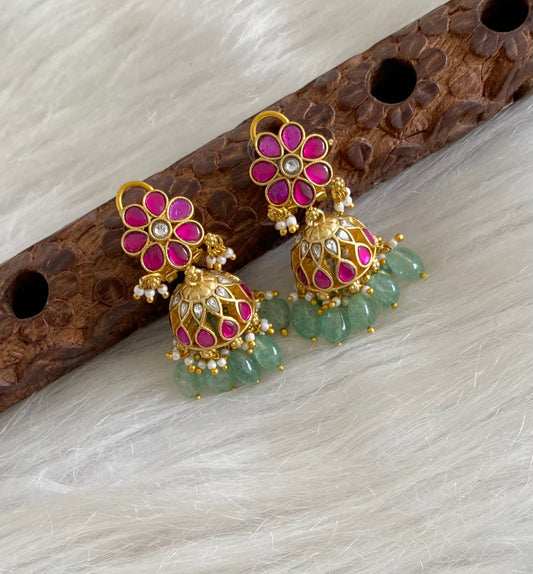 Gold tone kemp-white stone kundan jadau green beaded jhumkka dj-54613
