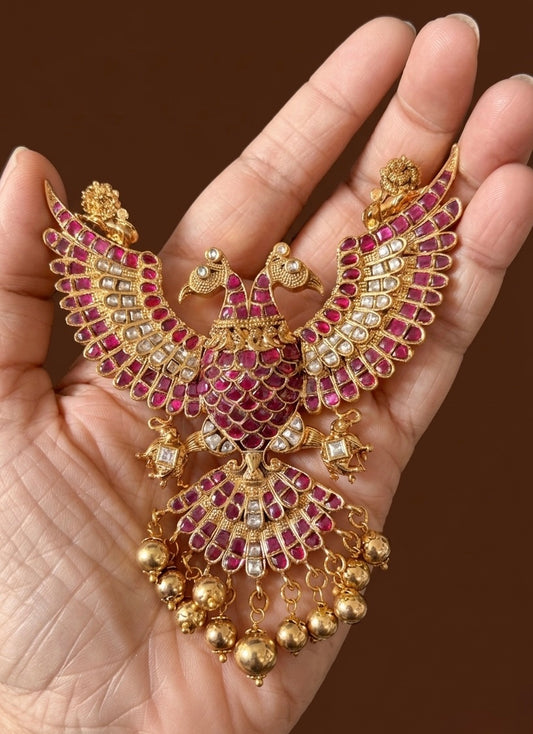 Antique gold tone kundan jadau Gandaberunda pendant dj-48799