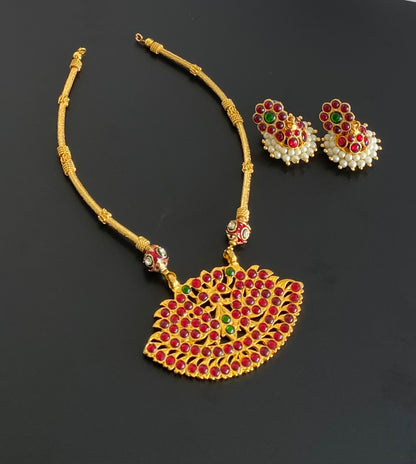 Gold tone kemp-green meenakari peacock hasli handmade necklace set dj-55021