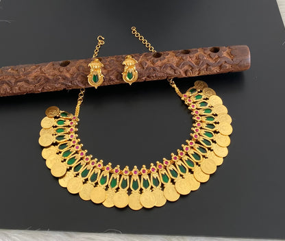 Gold Tone Ruby-green Nagapadam Lakshmi Coin Necklace Set Dj-51121
