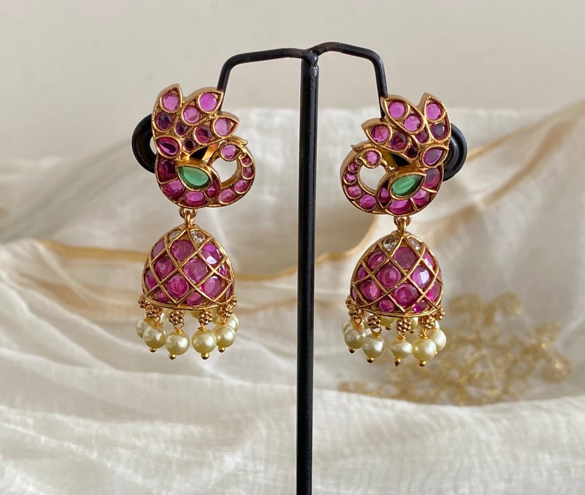 Antique gold tone kemp-green-white stone pearl peacock jhumkka dj-55093