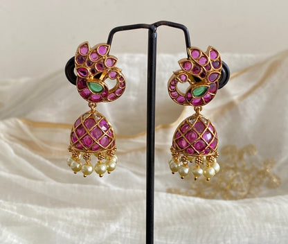 Antique gold tone kemp-green-white stone pearl peacock jhumkka dj-55093