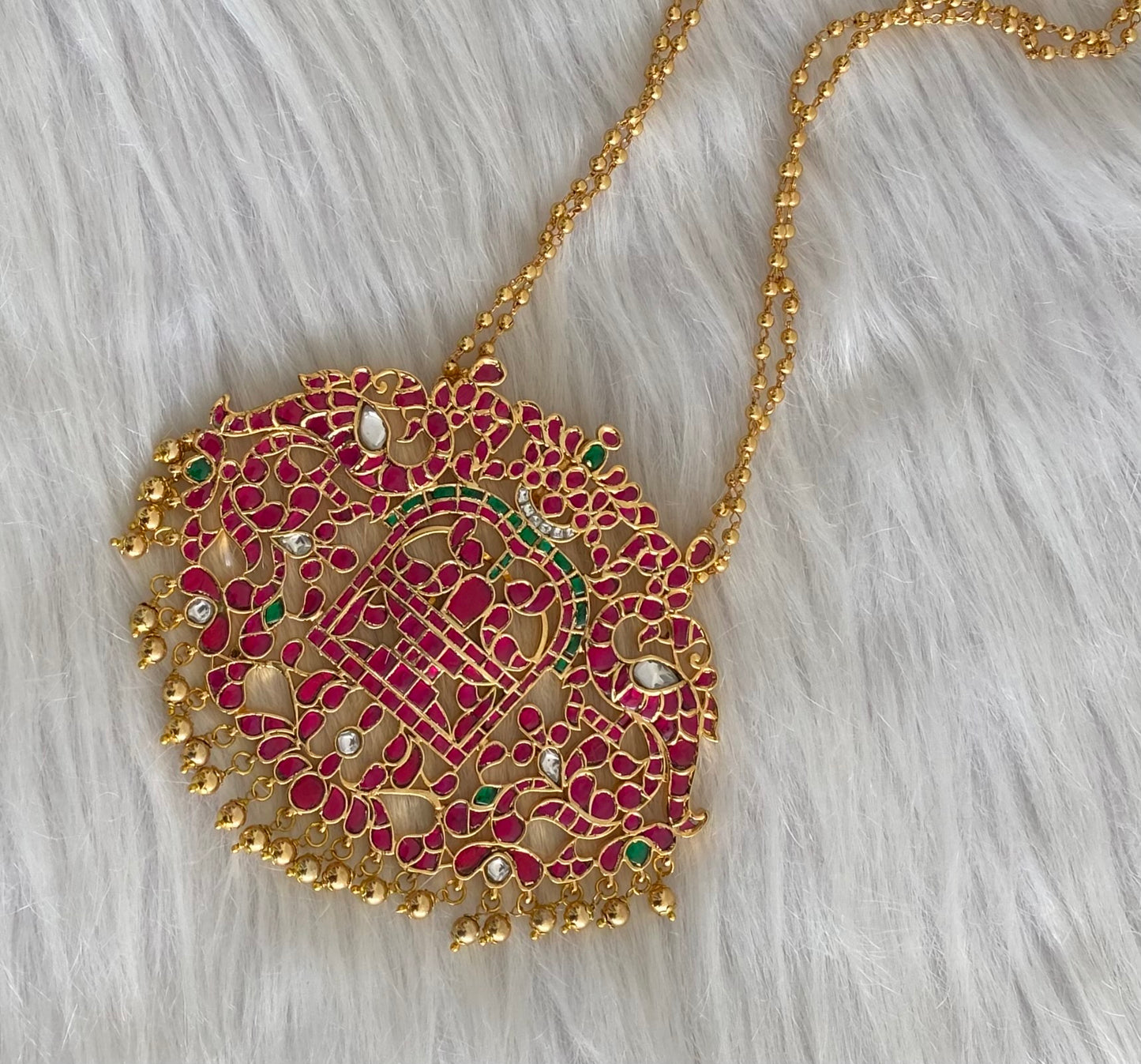 Gold tone pink-green-white kundan jadau big Shivaling peacock haar dj-54196