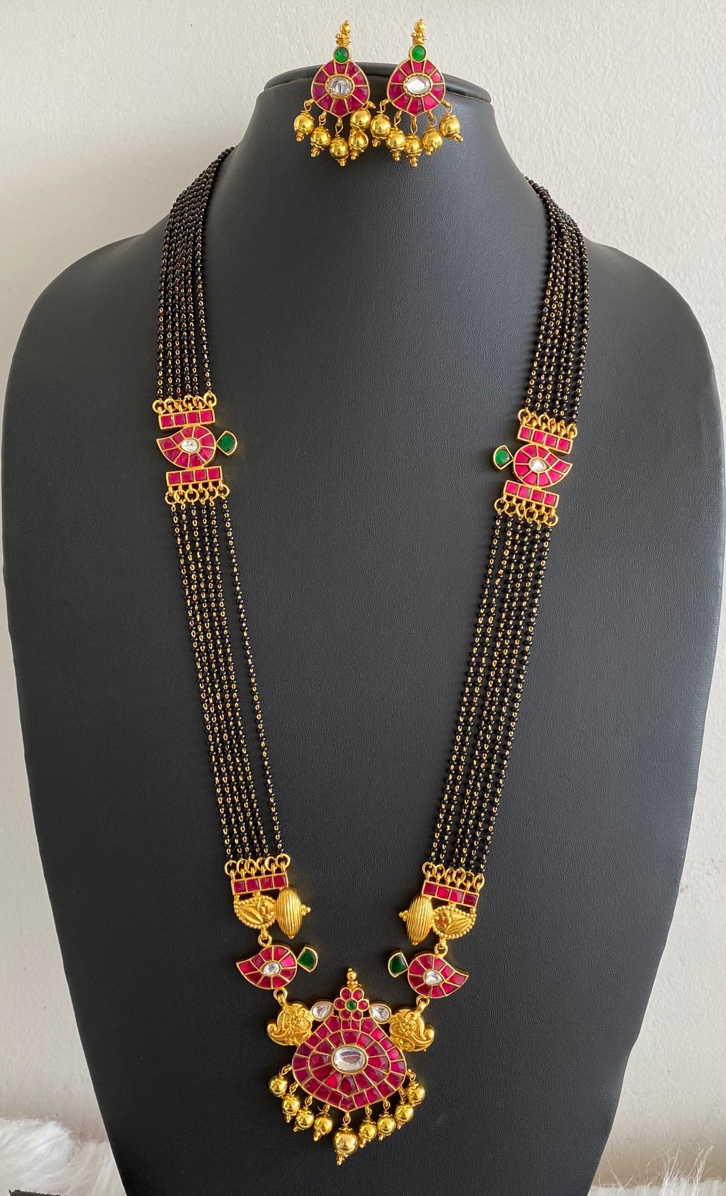 Gold tone kemp-green-white mango kundan jadau mangalsutra set dj-54179