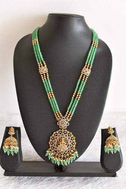 Antique gold tone pink-green beaded Lakshmi haar set dj-52439