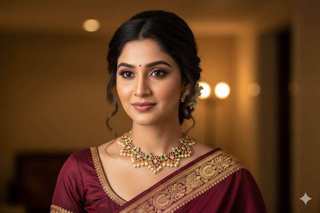 Gold tone precious kemp-green-white pearl necklace dj-52255