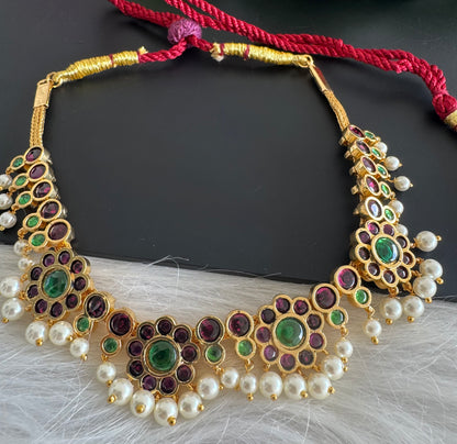 Gold tone precious kemp-green pearl flower necklace dj-51184
