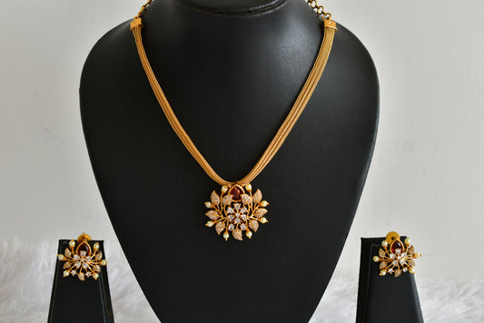 Matte finish cz pink pearl pendant necklace set dj-51829