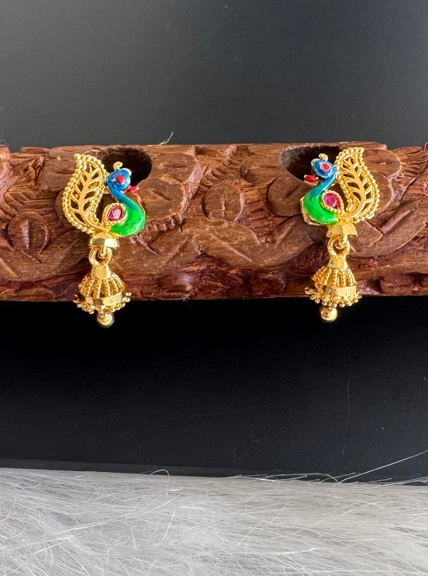 Gold tone blue-green small enamel peacock jhumkka dj-51289