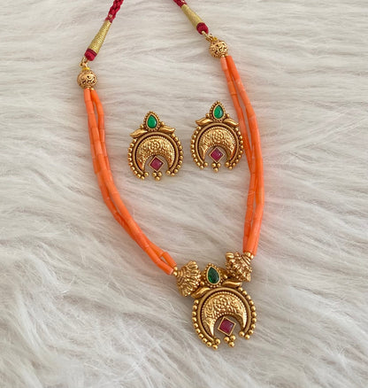 Antique gold tone coral nakshi beaded moon necklace set dj-54965