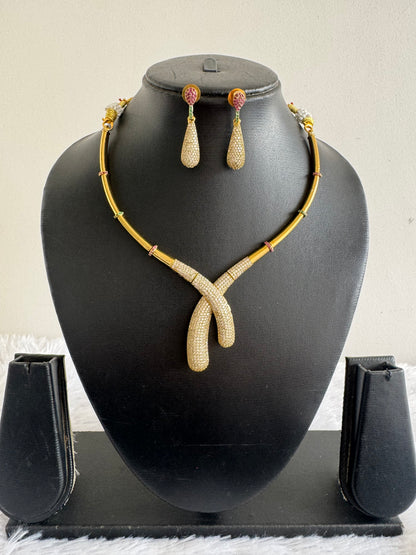 Antique gold tone cz pink-green-white kante necklace set dj-52124