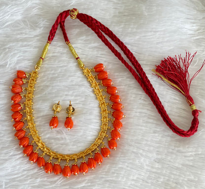 Antique gold tone red tulip beaded necklace set dj-54365