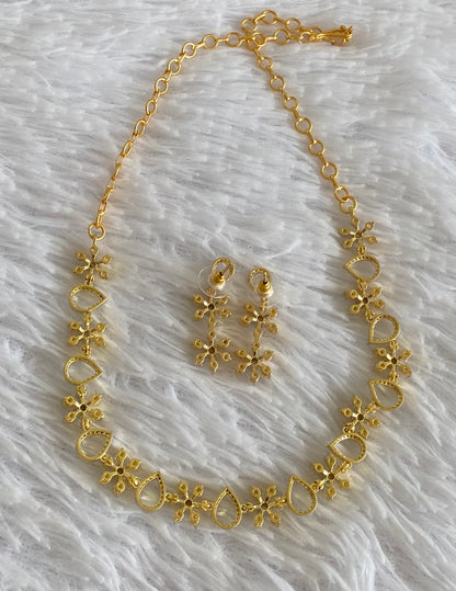 Gold tone cz white stone flower necklace set dj-54340
