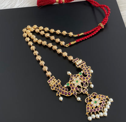 Gold tone precious kemp-green-white peacock flower nakshi beaded haar dj-54730